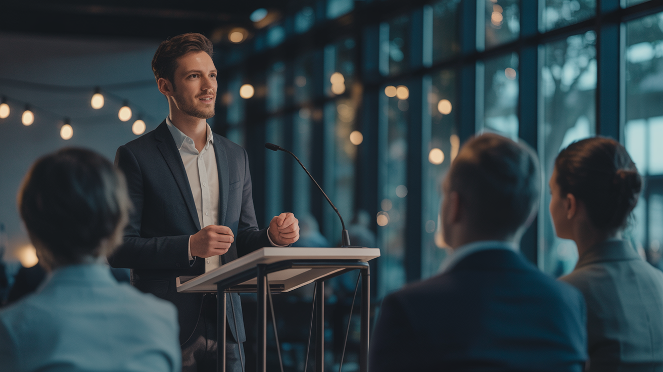 Professional speaking event with atmospheric lighting